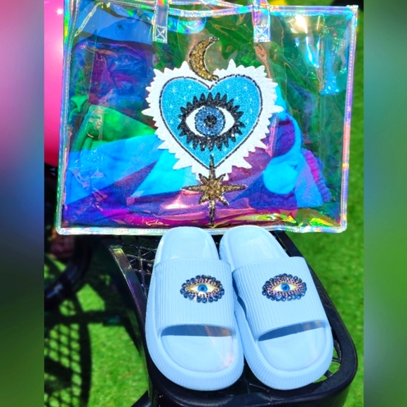 Blue Rhinestone Evil Eye beach slides - Picture 3 of 8